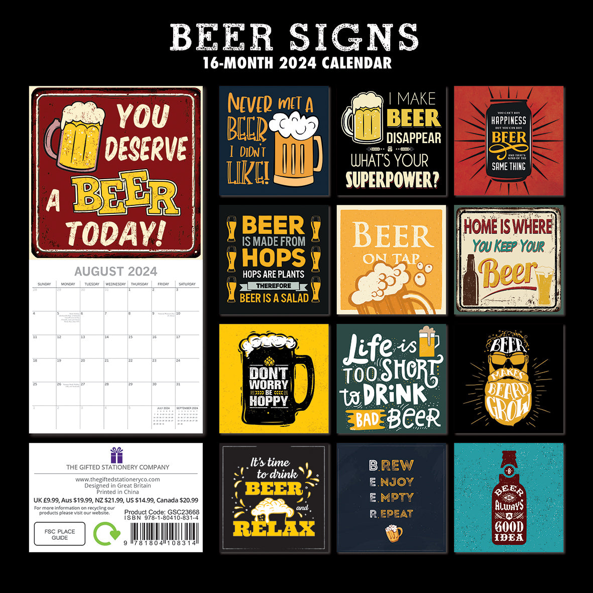 Beer Signs - 2024 Square Wall Calendar 16 Months Planner Christmas New Year Gift