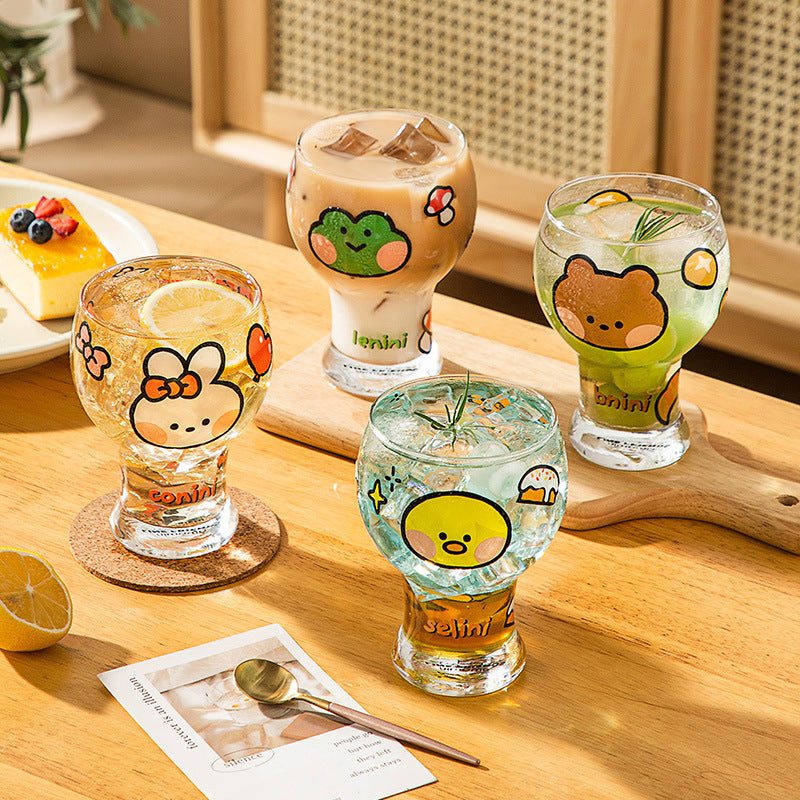 Mini Cartoon Glass Tumbler 400ml,Cute Beer and Juice Cup for Cold Drinks(Brown bear)