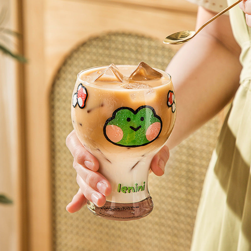 Mini Cartoon Glass Tumbler 400ml,Cute Beer and Juice Cup for Cold Drinks(White rabbit)