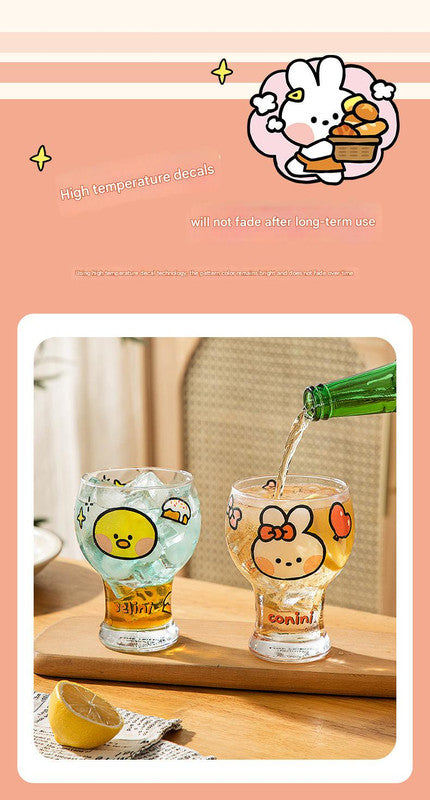 Mini Cartoon Glass Tumbler 400ml,Cute Beer and Juice Cup for Cold Drinks(Yellow duck)