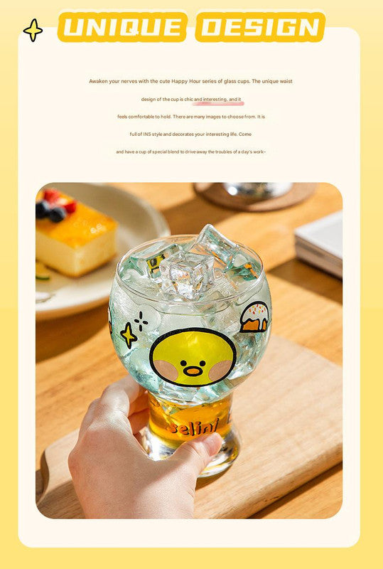 Mini Cartoon Glass Tumbler 400ml,Cute Beer and Juice Cup for Cold Drinks(Green frog)