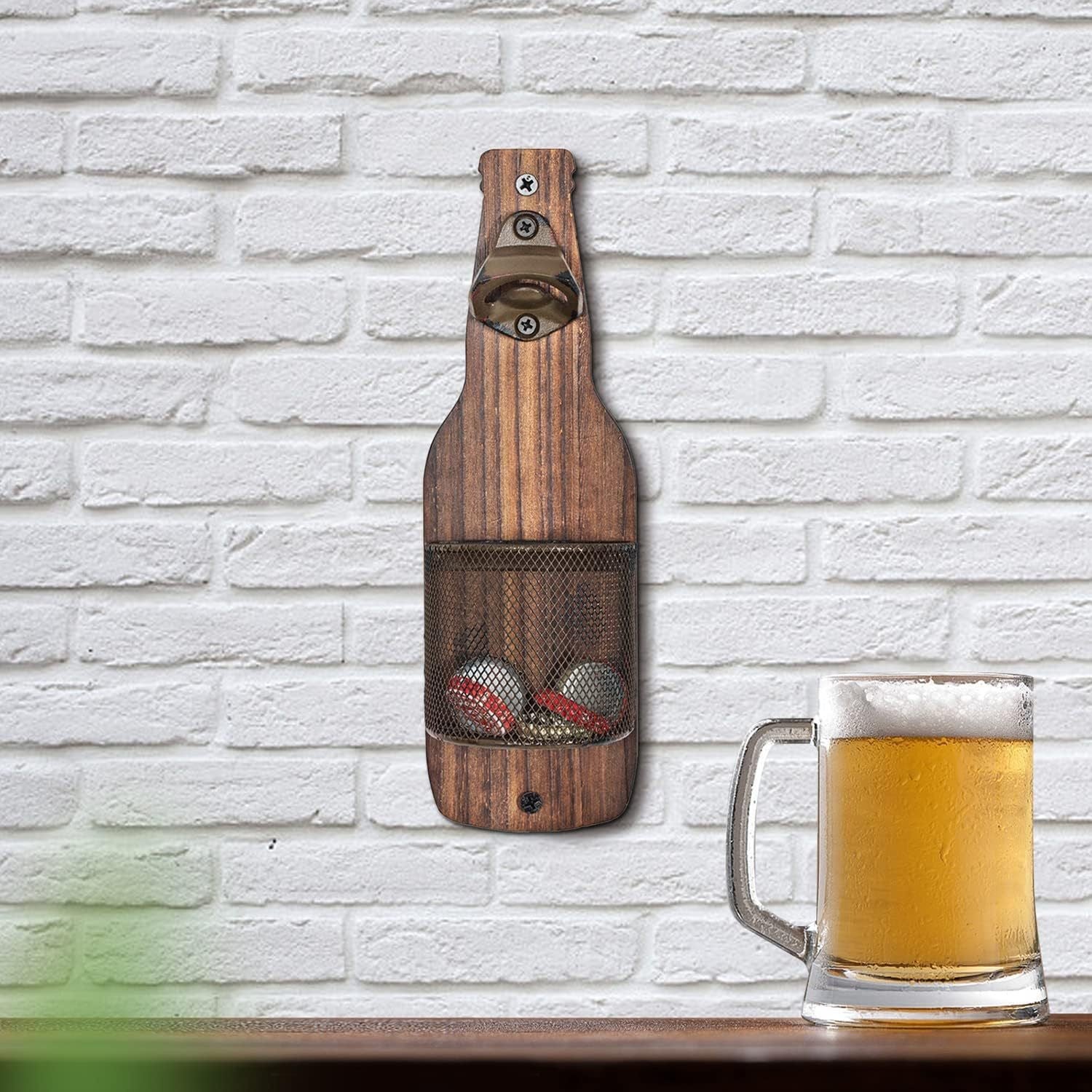 Brown Rustic Wooden Wall-Mounted Bottle Opener with Cap Catcher - Vintage Beer Opener for Bar & Kitchen