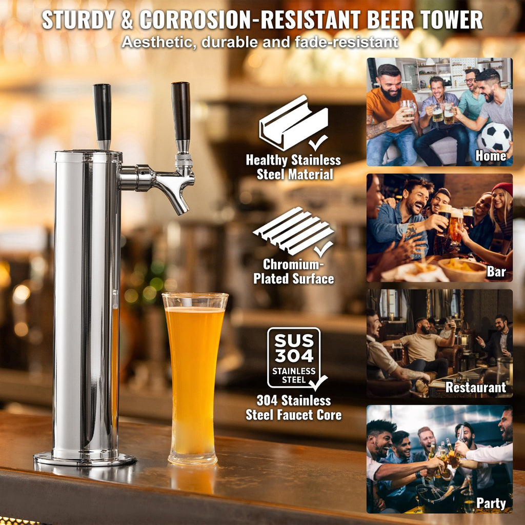 VEVOR Kegerator Tower Kit, Dual Taps Beer Conversion Kit, Stainless Steel Keg Beer Tower Dispenser with Dual Gauge W21.8 Regulator & A-System Keg Coupler, Beer Drip Tray for Party Home