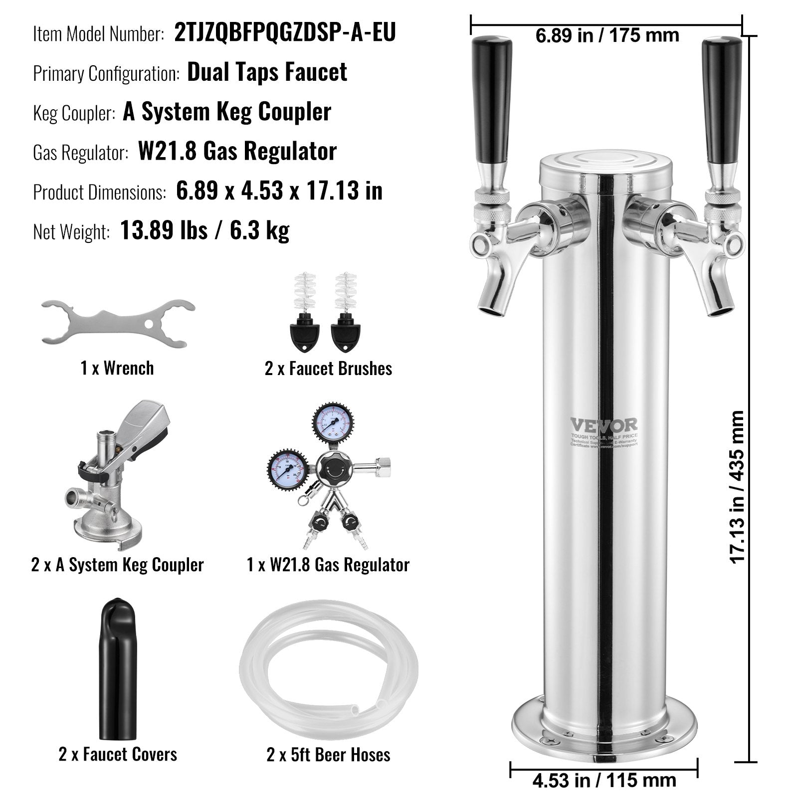 VEVOR Kegerator Tower Kit, Dual Taps Beer Conversion Kit, Stainless Steel Keg Beer Tower Dispenser with Dual Gauge W21.8 Regulator & A-System Keg Coupler, Beer Drip Tray for Party Home