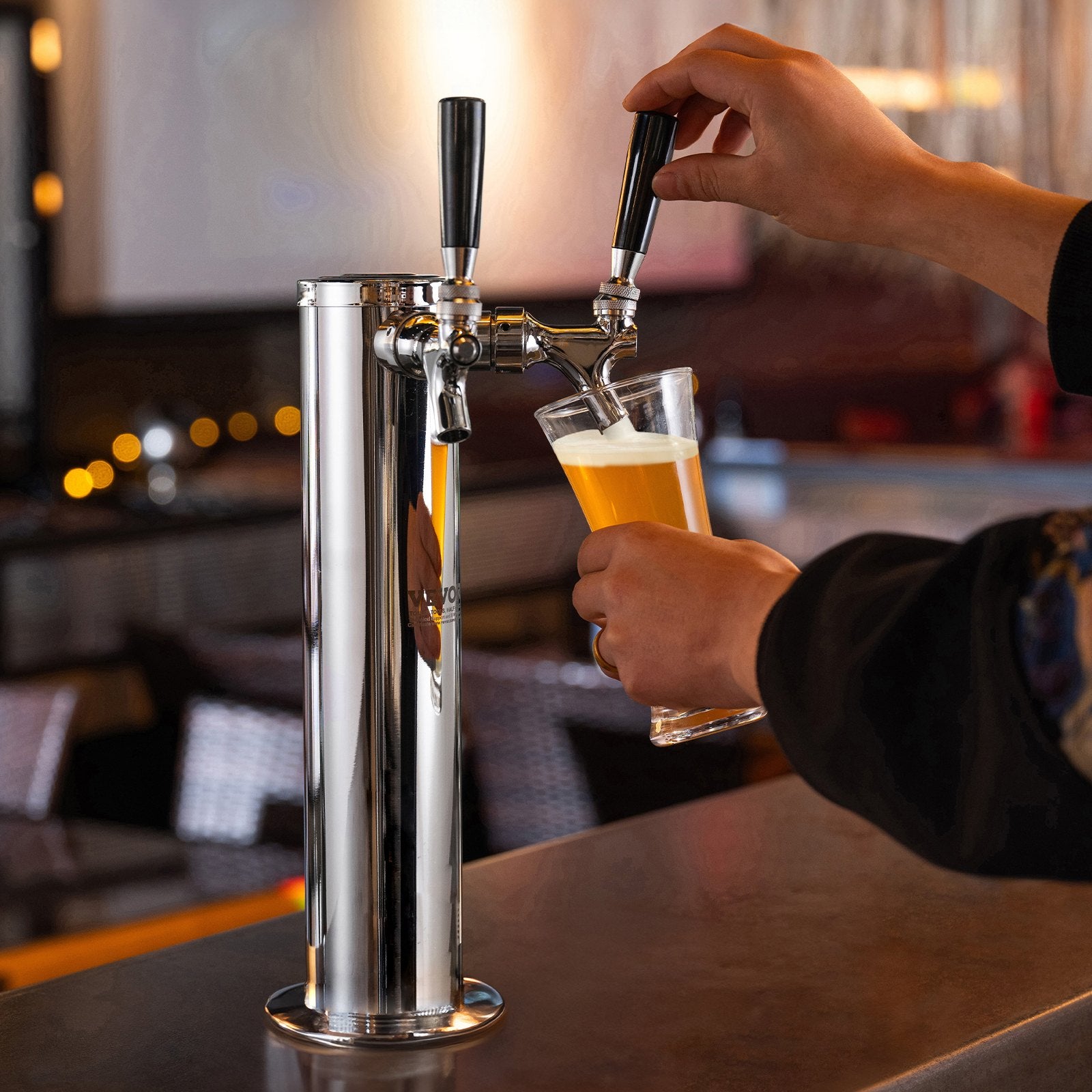 VEVOR Kegerator Tower Kit, Dual Taps Beer Conversion Kit, Stainless Steel Keg Beer Tower Dispenser with Dual Gauge W21.8 Regulator & A-System Keg Coupler, Beer Drip Tray for Party Home