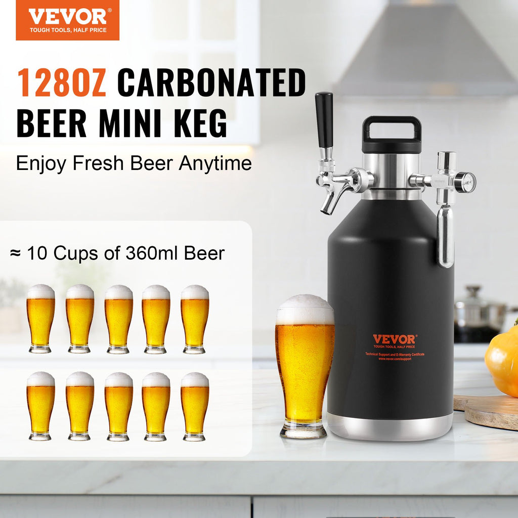 VEVOR Beer Growler Tap System, 4L Mini Keg, 304 Stainless Steel Pressurized Beer Growler, Keg Growler with Pressure Display, CO2 Regulator Faucet, Leak-Proof Ring For Draft, Homebrew, Craft Beer