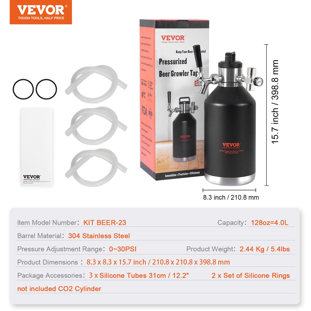 VEVOR Beer Growler Tap System, 4L Mini Keg, 304 Stainless Steel Pressurized Beer Growler, Keg Growler with Pressure Display, CO2 Regulator Faucet, Leak-Proof Ring For Draft, Homebrew, Craft Beer
