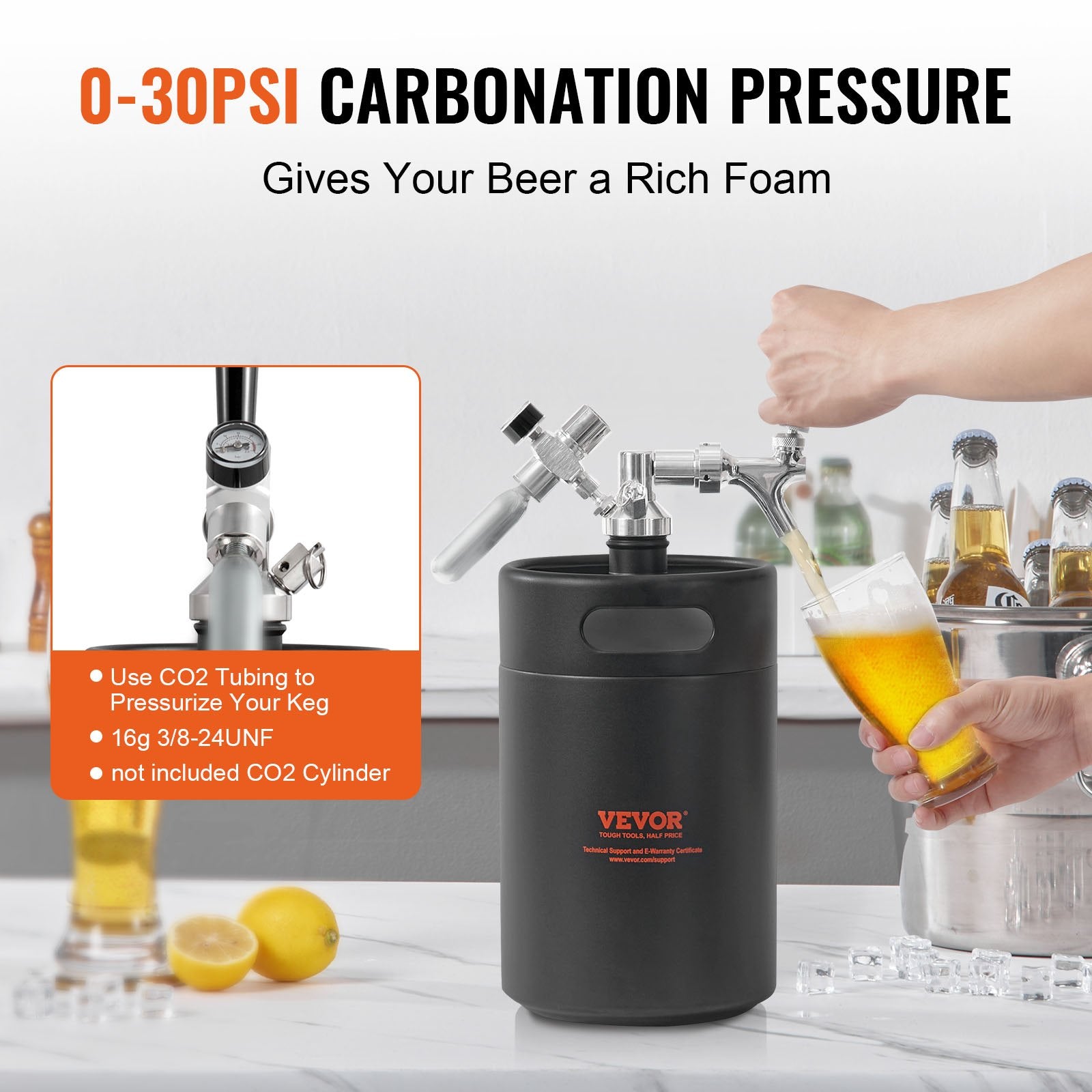 VEVOR Beer Growler Tap System, 5L Mini Keg, 304 Stainless Steel Pressurized Beer Growler, Keg Growler with Pressure Display, CO2 Regulator Faucet, Leak-Proof Ring For Draft, Homebrew, Craft Beer