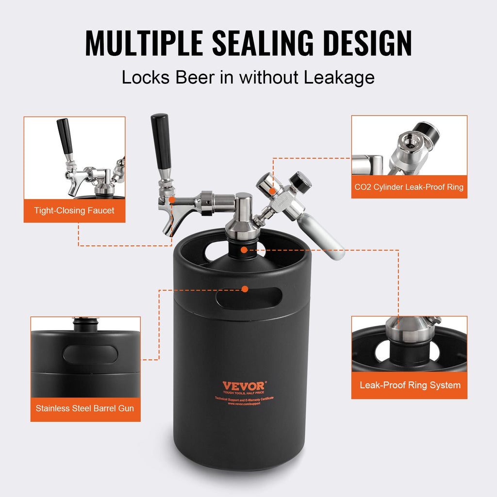 VEVOR Beer Growler Tap System, 5L Mini Keg, 304 Stainless Steel Pressurized Beer Growler, Keg Growler with Pressure Display, CO2 Regulator Faucet, Leak-Proof Ring For Draft, Homebrew, Craft Beer