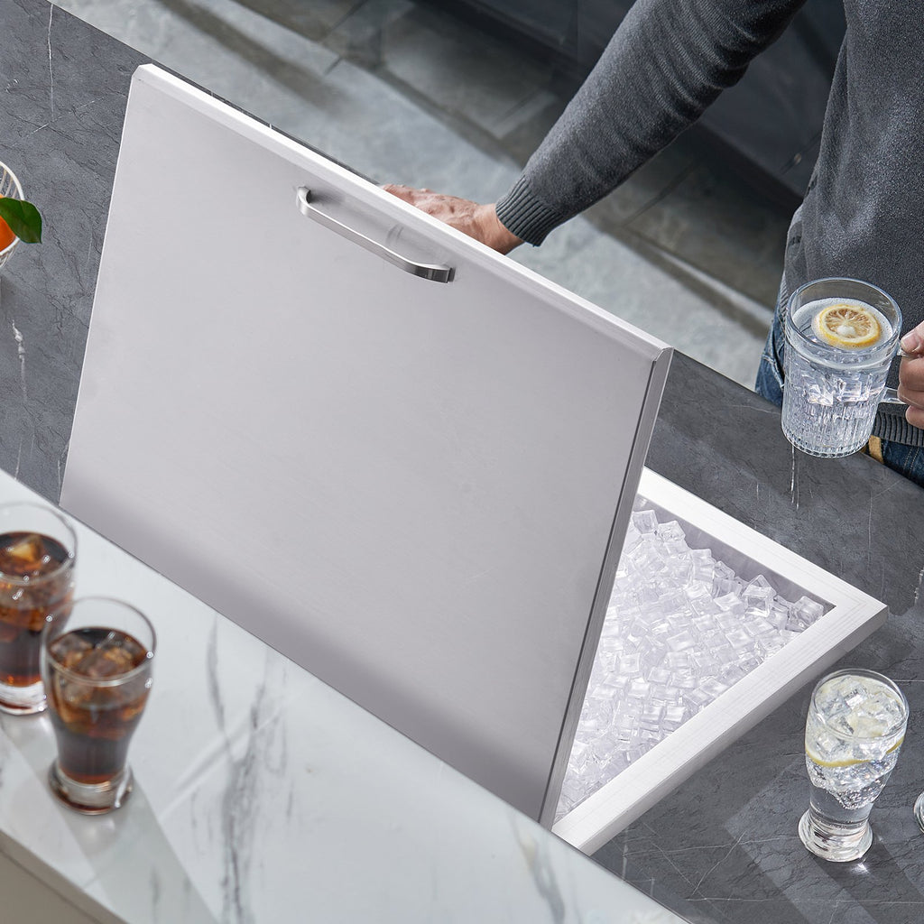 VEVOR Drop in Ice Chest, 28"L x 16"W x 17"H Stainless Steel Ice Cooler, Commercial Ice Bin with Hinged Cover, 40 qt Outdoor Kitchen Ice Bar, Drain-pipe and Drain Plug Included, for Cold Wine Beer