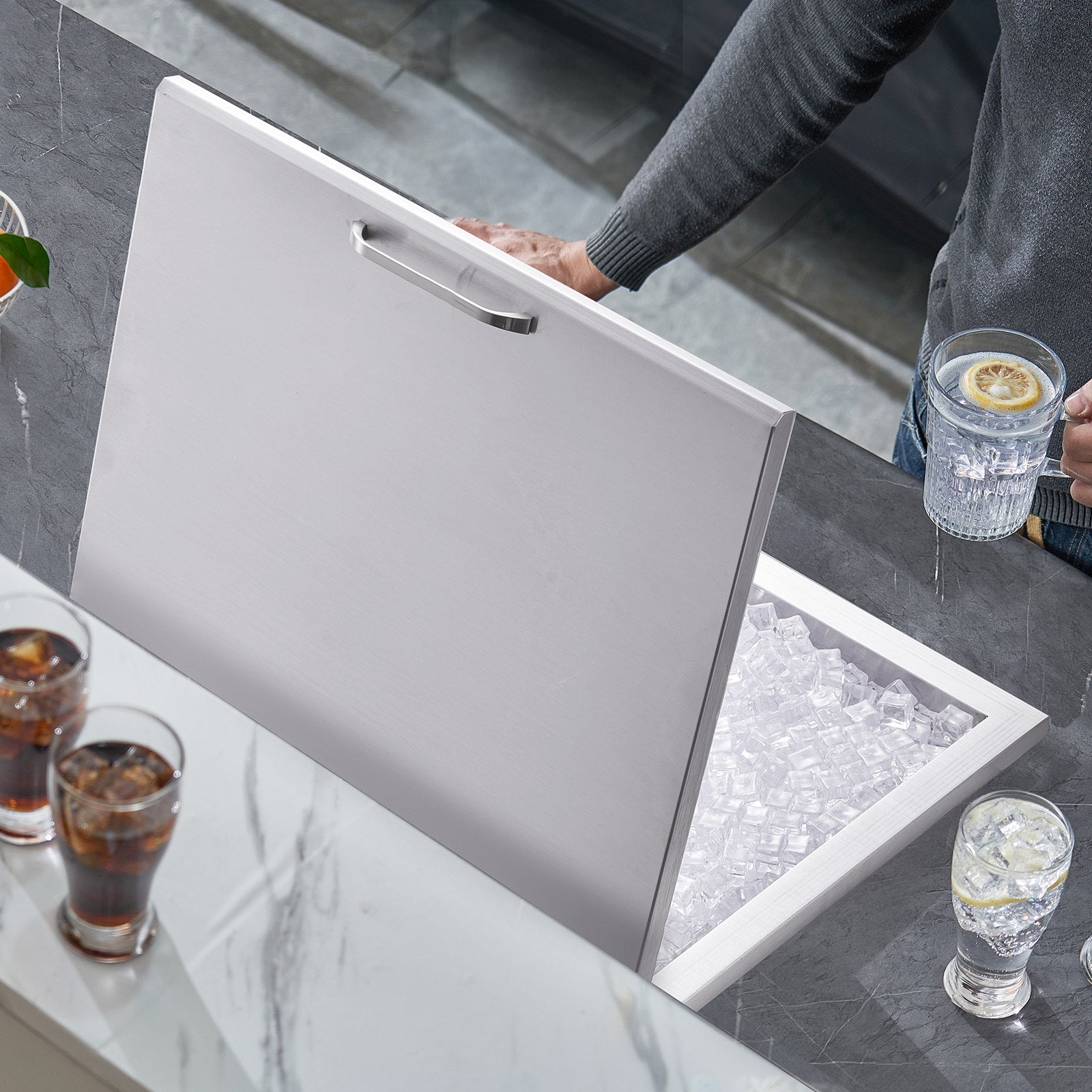VEVOR Drop in Ice Chest, 28"L x 16"W x 17"H Stainless Steel Ice Cooler, Commercial Ice Bin with Hinged Cover, 40 qt Outdoor Kitchen Ice Bar, Drain-pipe and Drain Plug Included, for Cold Wine Beer