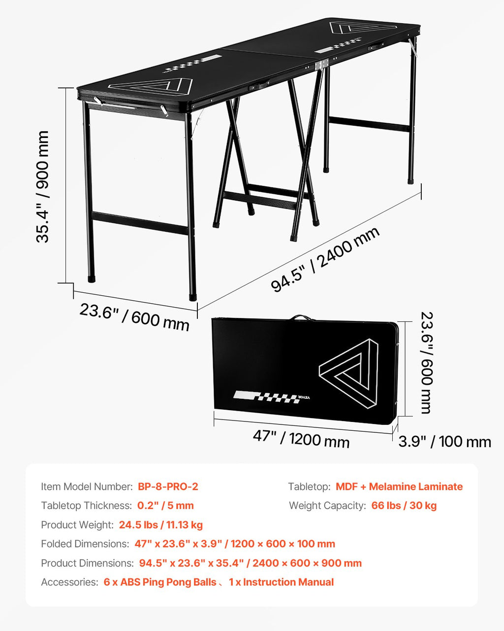 VEVOR 2.4 m Folding Beer Pong Tailgate Table Party Drinking Game Carrying Handle