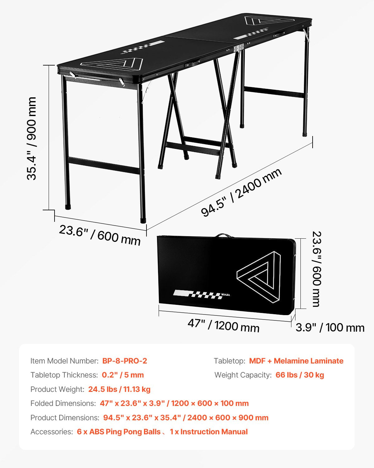 VEVOR 2.4 m Folding Beer Pong Tailgate Table Party Drinking Game Carrying Handle